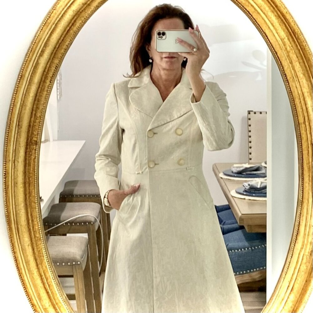 ✨ 2025 Trend Alert! COLE HAAN Cream/Silver Brocade A-Line Lined Coat! ✨